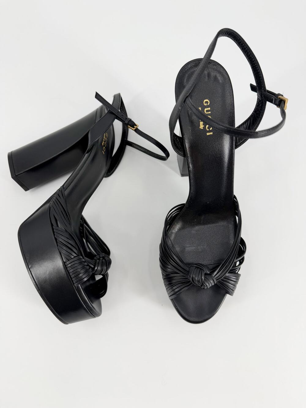 Gucci Black Leather Knotted Platform Sandals Allie Heels 39 EU US 8.5 9
